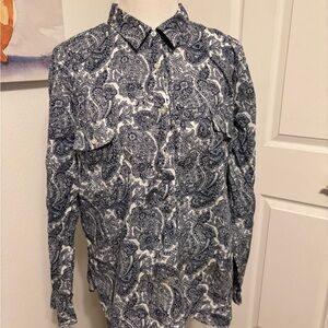 Talbots Navy and White Paisley Button Down Shirt